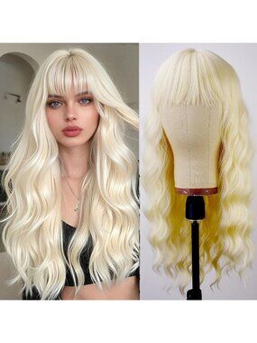 Women's Blonde 26 Inch Natural Looking Synthetic Fiber Long Wavy Wigs Bangs